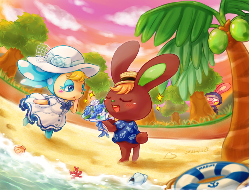 1girl 2boys alternate_costume anchor_symbol animal_crossing animal_ears artist_name bangs barefoot blonde_hair blue_bow blue_bowtie blue_eyes blue_eyeshadow blue_flower blue_fur blue_kimono blue_ribbon blue_rose blue_shirt blush blush_stickers boater_hat body_fur bottomless bouquet bow bowtie brown_fur buttons closed_eyes cloud coconut coconut_tree commentary_request conch constricted_pupils coral dress ears_down english_text eyeshadow fisheye flat_chest flower footprints francine_(animal_crossing) full_body furry furry_female furry_male furry_with_furry gradient_sky grass half-closed_eyes hand_to_own_mouth hand_up hands_up happy hat hat_flower heart hetero highres holding holding_bouquet hood hood_up japanese_clothes kimono leg_up lifebuoy long_dress looking_at_another makeup multiple_boys nose_blush o'hare_(animal_crossing) open_mouth orange_hair outdoors palm_tree peeking_out pineapple_print pink_fur pink_sky rabbit_boy rabbit_ears rabbit_girl rabbit_tail ribbon rose sailor_collar sand seashell shell shii_(no-va_could) shirt short_hair short_sleeves signature sky smile snake_(animal_crossing) sparkle standing standing_on_one_leg sun_hat sunset swept_bangs tail teeth tree two-tone_fur u_u water white_dress white_flower white_headwear white_rose white_sailor_collar yellow_fur yellow_headwear