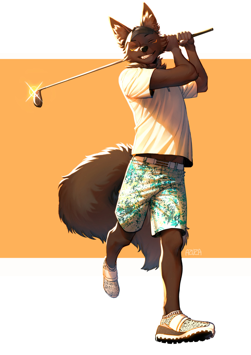 anthro azuza black_nose bottomwear brown_body brown_fur brown_tail canid cheek_tuft clothed clothing eyes_closed facial_markings facial_tuft fluffy fluffy_tail front_view full-length_portrait fur golf_club green_bottomwear green_clothing green_shorts grin head_markings hi_res male mammal markings neck_tuft pattern_bottomwear pattern_clothing pattern_shorts portrait sharp_teeth shirt shorts signature simple_background smile solo standing t-shirt tail teeth topwear tuft white_bottomwear white_clothing white_shirt white_shorts white_t-shirt white_topwear