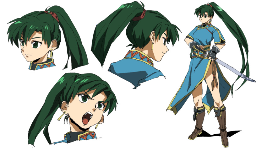 1girl belt blue_dress boots dress earrings fire_emblem fire_emblem:_rekka_no_ken gloves green_eyes green_hair highres jewelry lyndis_(fire_emblem) nintendo ponytail shino_(2919) shouting smile sword weapon