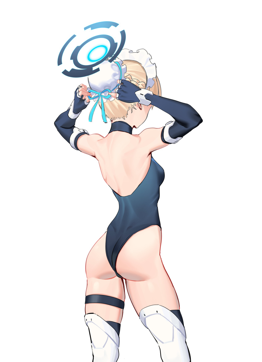 1girl absurdres arms_up ass back backless_leotard bare_back black_choker black_gloves black_leotard black_thighhighs blonde_hair blue_archive blue_gloves blue_leotard blue_ribbon boots braid breasts bun_cover choker doufu_(pixiv9093484) elbow_gloves facing_away fingerless_gloves french_braid from_behind gloves hair_bun hair_ribbon halo highleg highleg_leotard highres leotard maid maid_headdress median_furrow ribbon ribs short_hair shoulder_blades simple_background single_hair_bun sleeveless sleeveless_turtleneck_leotard small_breasts solo standing thigh_boots thigh_strap thighhighs thighhighs_under_boots toki_(blue_archive) turtleneck_leotard tying_hair white_background white_footwear white_thighhighs