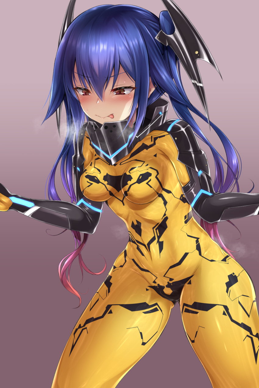 1girl blue_hair blush bodysuit breasts covered_navel hair_between_eyes highres long_hair medium_breasts multicolored_hair phantasy_star phantasy_star_online_2 red_eyes shimo_(depthbomb) skin_tight solo twintails yellow_bodysuit zelsius