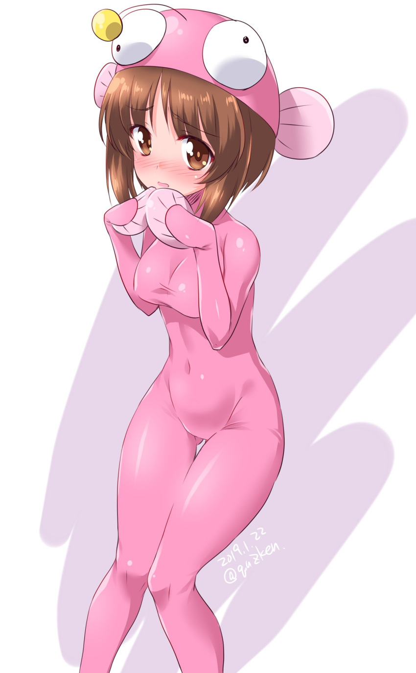 1girl anglerfish_costume bangs blush bodysuit breasts brown_eyes brown_hair commentary covered_navel curvy dated embarrassed eyebrows_visible_through_hair female fish_costume frown girls_und_panzer gluteal_fold hat highres kuzuryuu_kennosuke legs looking_at_viewer medium_breasts nishizumi_miho open_mouth pink_bodysuit pink_hat shiny short_hair solo standing thigh_gap thighs twitter_username white_background