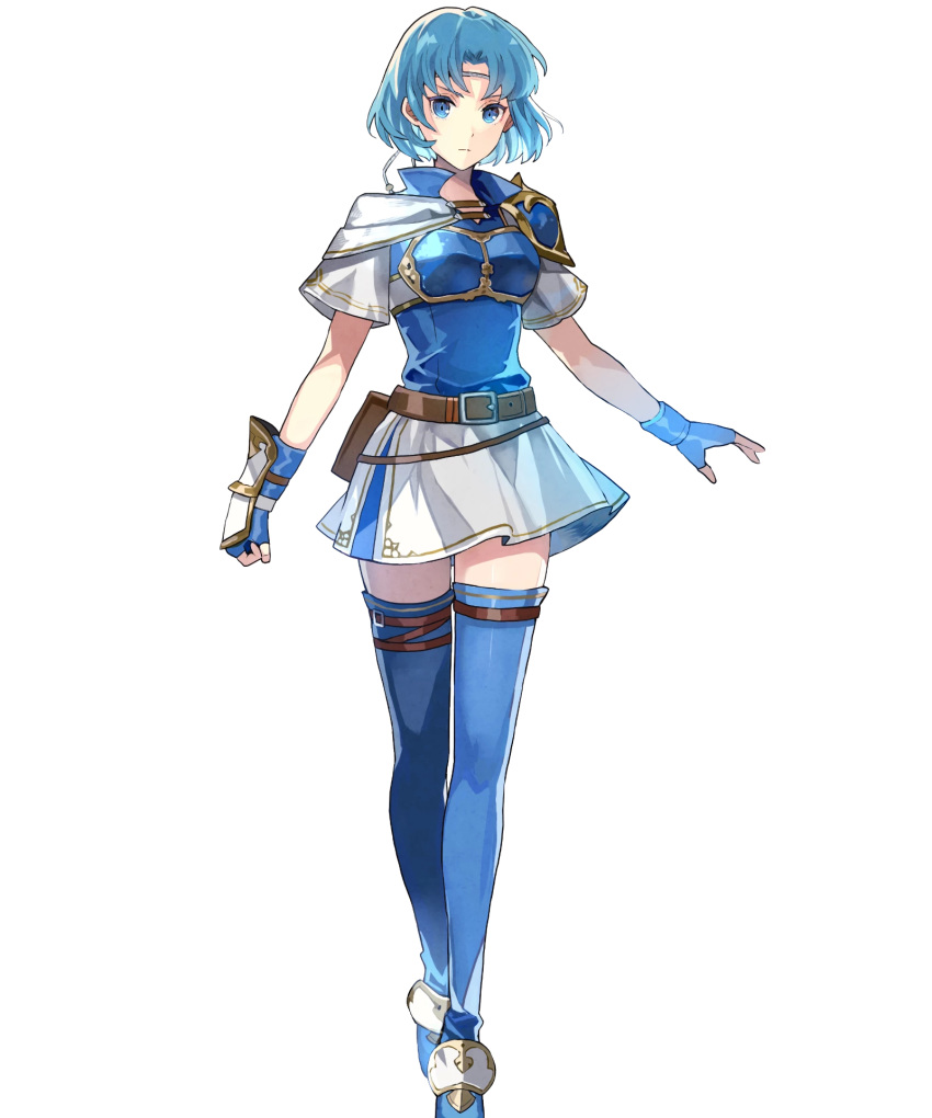 1girl armor bangs belt belt_pouch blue_eyes blue_footwear blue_hair boots breastplate clenched_hand closed_mouth fingerless_gloves fire_emblem fire_emblem:_fuuin_no_tsurugi fire_emblem_heroes full_body gloves highres looking_at_viewer miniskirt nintendo pouch serious short_hair short_sleeves shoulder_armor skirt solo standing tate thigh_boots thighhighs tobi_(kotetsu) transparent_background zettai_ryouiki