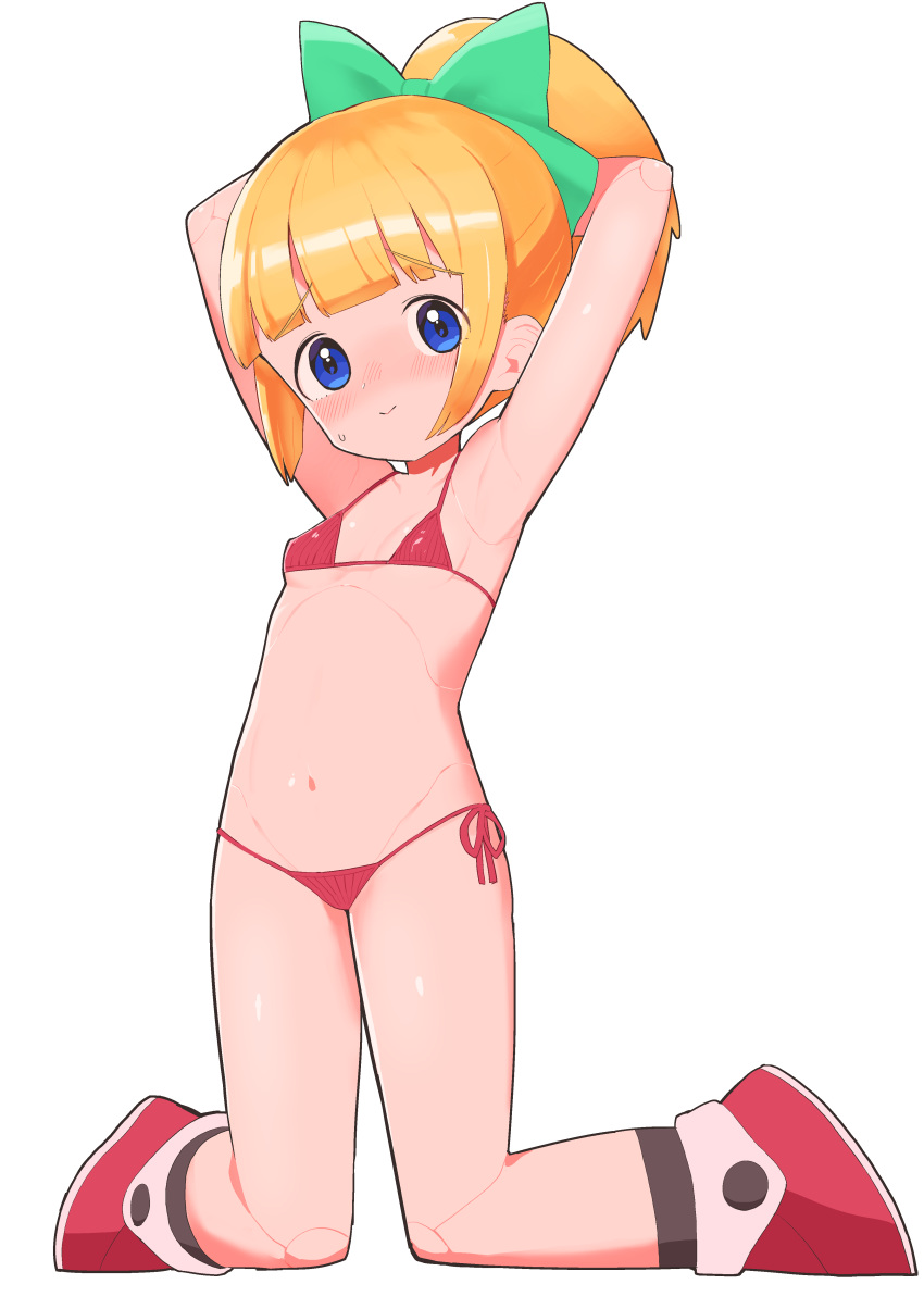 1girl absurdres armpits bangs bare_arms bare_shoulders bikini blue_eyes blunt_bangs blush bow child closed_mouth eyebrows_visible_through_hair female green_bow hair_bow highres kneeling looking_at_viewer navel ponytail rockman rockman_(classic) roll side-tie_bikini simple_background smile solo swimsuit toranoe white_background