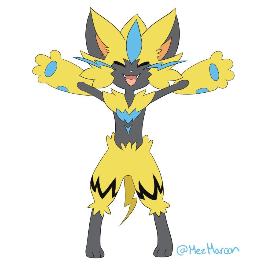 1boy :3 animal_ears arms_up artist_name cat_ears creatures_(company) eyes_closed fangs full_body furry game_freak gen_5_pokemon happy highres jpeg_artifacts male_focus mezmaroon nintendo no_humans open_mouth outstretched_arms pawpads paws pigeon-toed pokemon pokemon_(creature) simple_background smile solo spread_arms standing tail twitter_username whiskers white_background zoroark