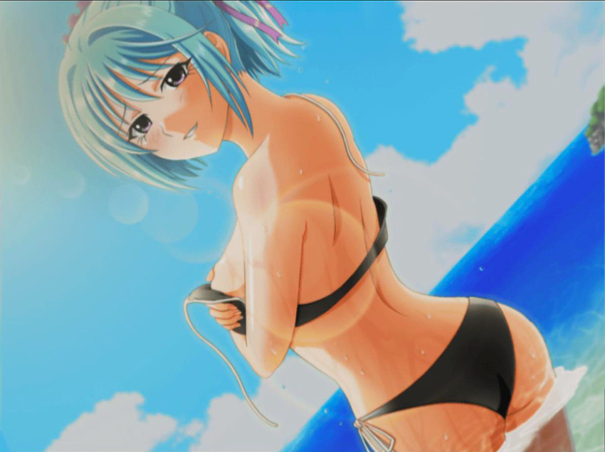 back beach bikini blue_hair blush kurono_kurumu kuruno_kurumu purple_eyes ribbon rosario+vampire short_hair side-tie_bikini swimsuit