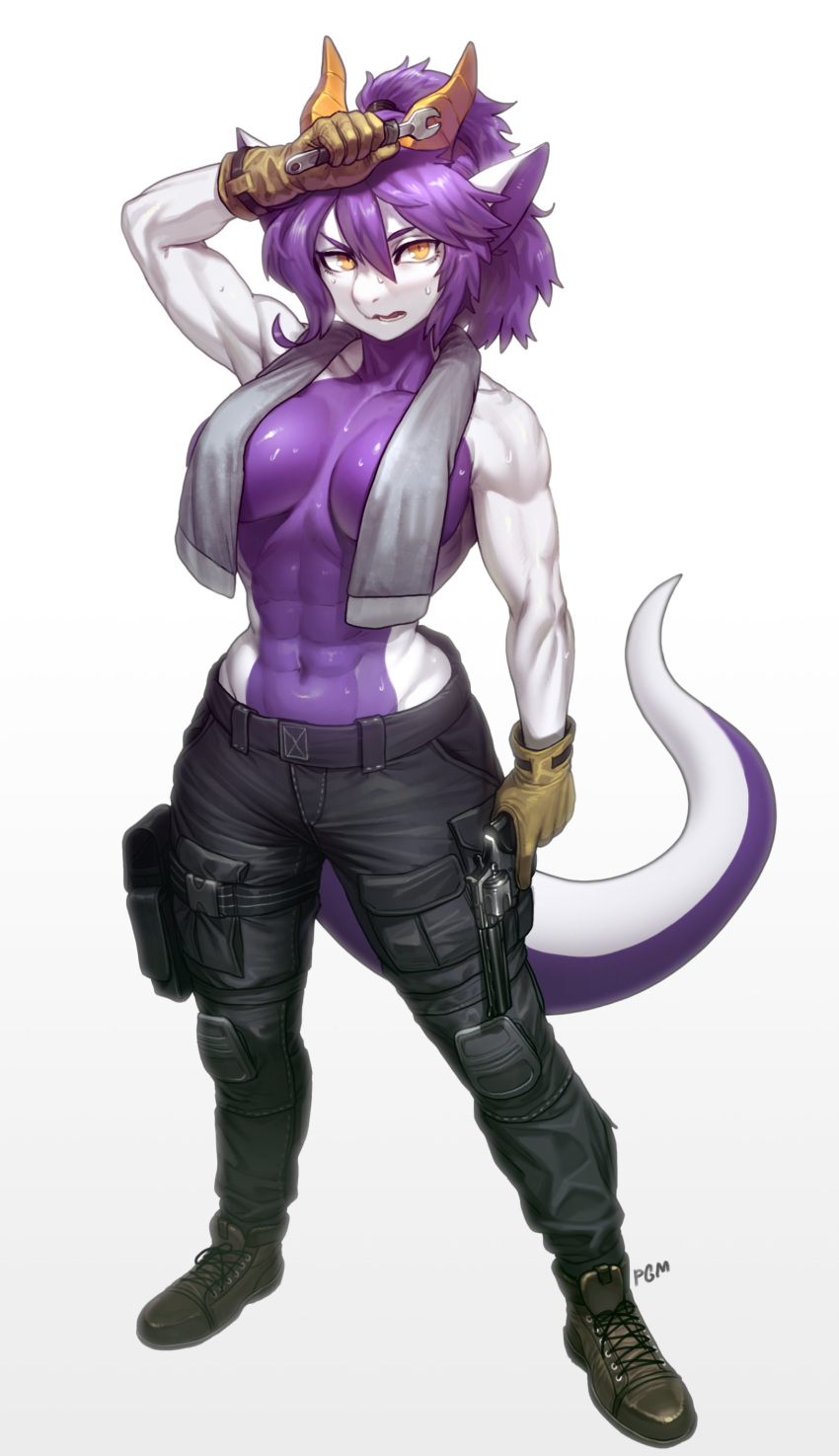 2023 absurd_res anthro black_bottomwear black_clothing black_pants boots bottomwear breasts clothing dragon female footwear gun hi_res horn muscular muscular_anthro muscular_female pants pgm300 plantigrade ranged_weapon scalie solo strategically_covered towel weapon wingless_dragon