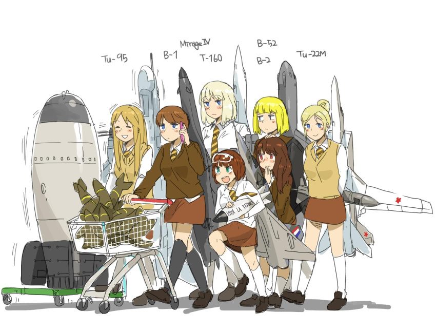 6+girls anyan_(jooho) b-1_lancer b-1b_(flight_highschool) b-2_(flight_highschool) b-2_spirit b-52_stratofortress black_footwear blonde_hair blue_eyes bomb brown_hair brown_skirt brown_sweater brown_sweater_vest closed_eyes collared_shirt dassault_mirage_iv explosive flight_highschool full_body goggles goggles_on_head hair_bun highres loafers long_hair long_sleeves medium_hair multiple_girls nuclear_weapon red_eyes school_uniform shirt shoes shopping_cart short_hair simple_background skirt smile socks sweater sweater_vest tsar_bomba tu-160 tu-22m tu-95 walking white_background white_shirt