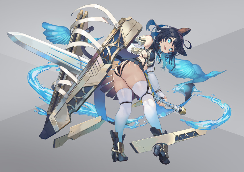 1girl animal_ears ass black_hair black_tail blue_eyes boots breasts cat_ears cat_tail elbow_gloves fang fingerless_gloves fran_(tensei_shitara_ken_deshita) full_body gloves hair_between_eyes high_heel_boots high_heels highres looking_at_viewer looking_back medium_breasts natori_youkai open_mouth simple_background skindentation smile solo sword tail tensei_shitara_ken_deshita thighhighs thighs weapon white_gloves white_thighhighs wrist_guards