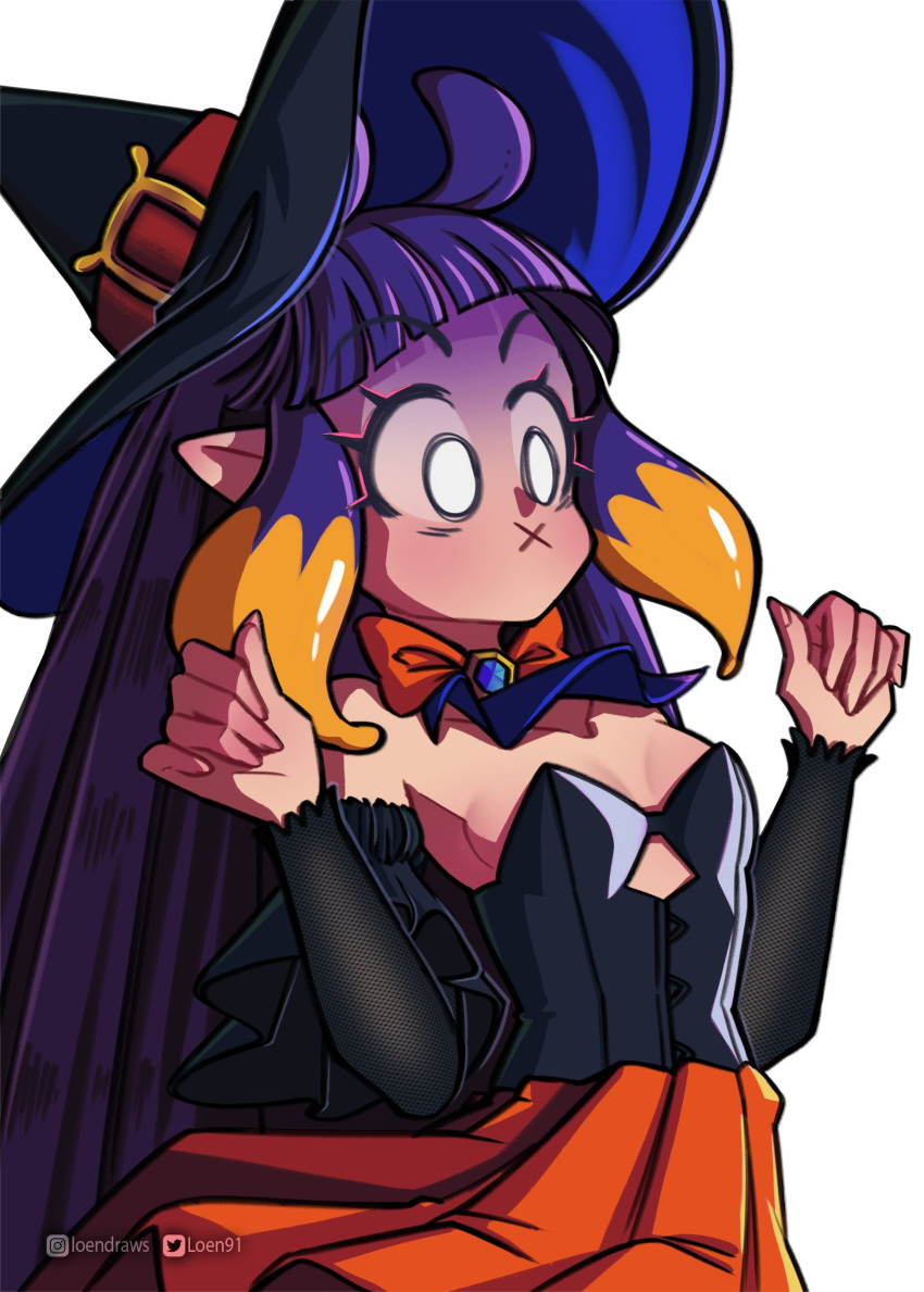 1girl :x ascot bangs black_hair blue_ascot blunt_bangs bow bowtie breasts corset detached_sleeves halloween_costume hands_up hat hat_belt highres hololive hololive_english loen long_hair long_sleeves ninomae_ina'nis orange_bow orange_bowtie orange_skirt pointy_ears purple_hair simple_background skirt small_breasts solo surprised tentacle_hair traditional_bowtie very_long_hair white_background white_eyes wide-eyed witch witch_hat