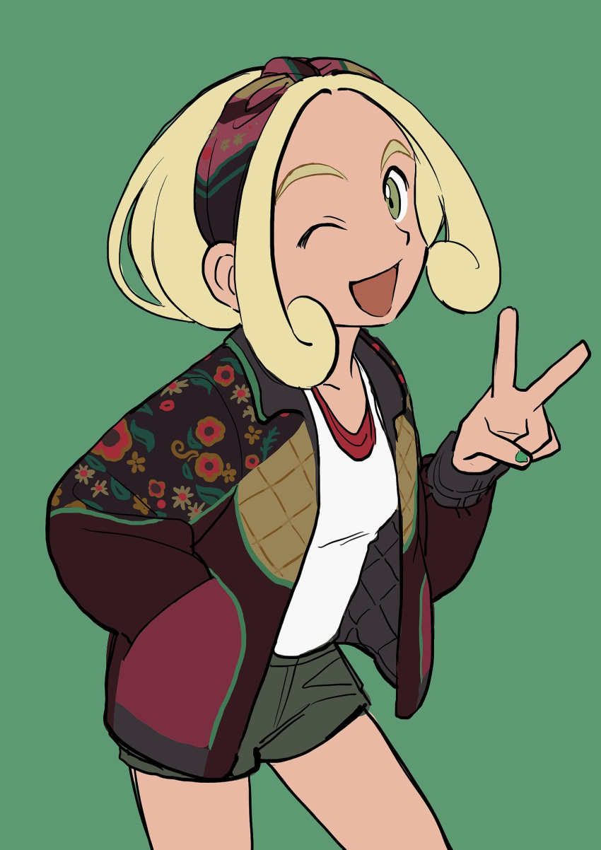 1girl ;d alternate_costume blonde_hair brown_jacket commentary cowboy_shot elizabeth_(tomas21) green_background green_eyes green_nails green_shorts hairband hand_in_pocket hand_up highres jacket looking_at_viewer nail_polish one_eye_closed open_clothes open_jacket open_mouth pokemon pokemon_(game) pokemon_xy shirt shorts sidelocks simple_background smile solo v viola_(pokemon) white_shirt