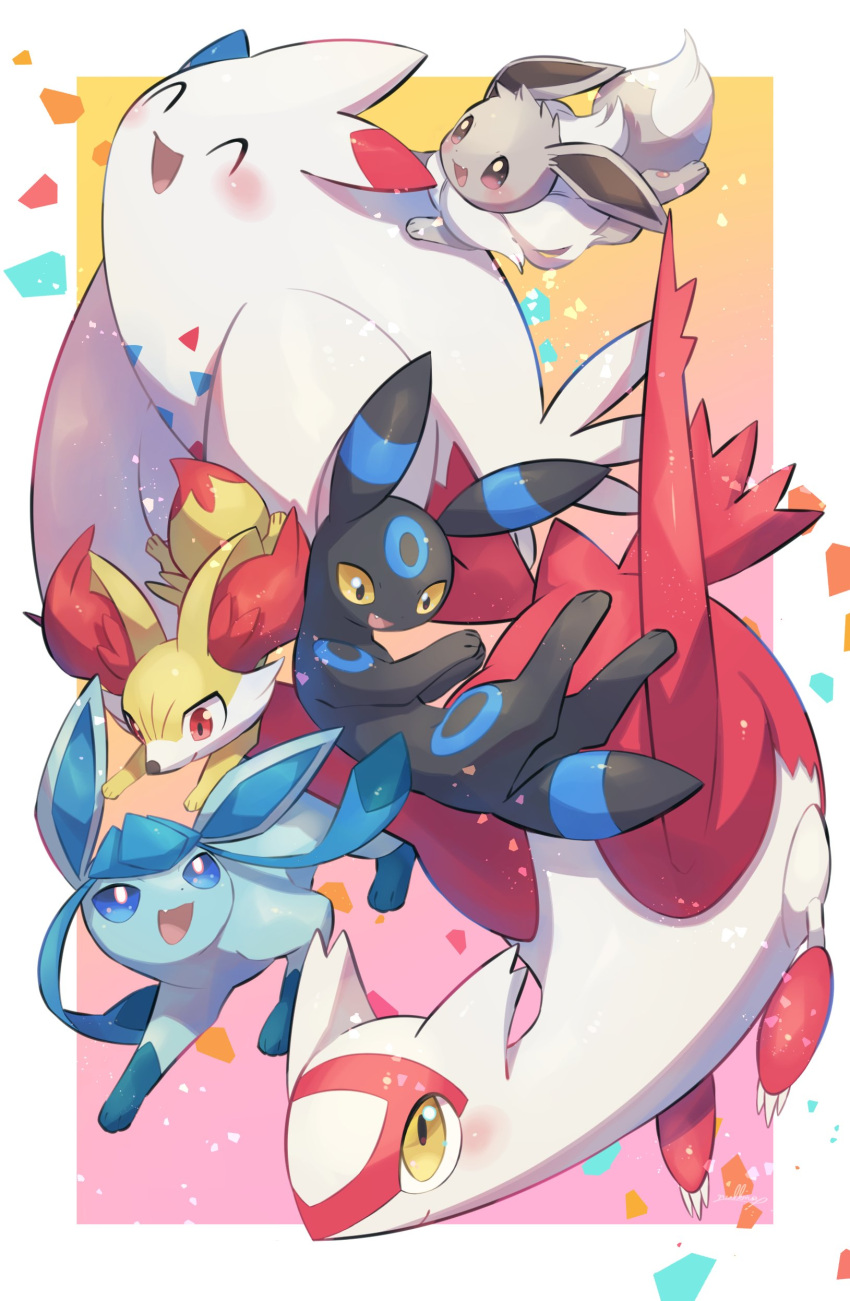 :d ^_^ absurdres alternate_color animal_ear_fluff artist_name blue_eyes blush border bright_pupils brown_eyes claws closed_eyes closed_mouth commentary eevee fang fennekin fluffy fox full_body glaceon gradient gradient_background happy highres latias nullma open_mouth outside_border pink_background pokemon pokemon_(creature) red_eyes red_hair shiny_pokemon signature smile tail togekiss umbreon white_border white_pupils yellow_background yellow_eyes