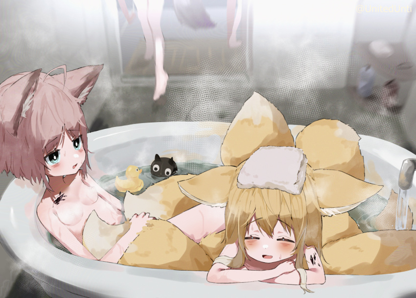 2girls 4girls animal_ear_fluff animal_ears arknights barefoot bath bathing bathroom blonde_hair blush braid breasts brown_hair closed_eyes completely_nude convenient_censoring crossed_arms faucet feet fox_ears fox_girl fox_tail green_eyes hair_rings holding_another's_tail indoors long_hair lying multiple_girls multiple_tails nude on_back open_mouth oripathy_lesion_(arknights) partially_submerged rubber_duck short_hair sitting small_breasts smile steam steam_censor sussurro_(arknights) suzuran_(arknights) tail towel towel_on_head twin_braids unitedunti water