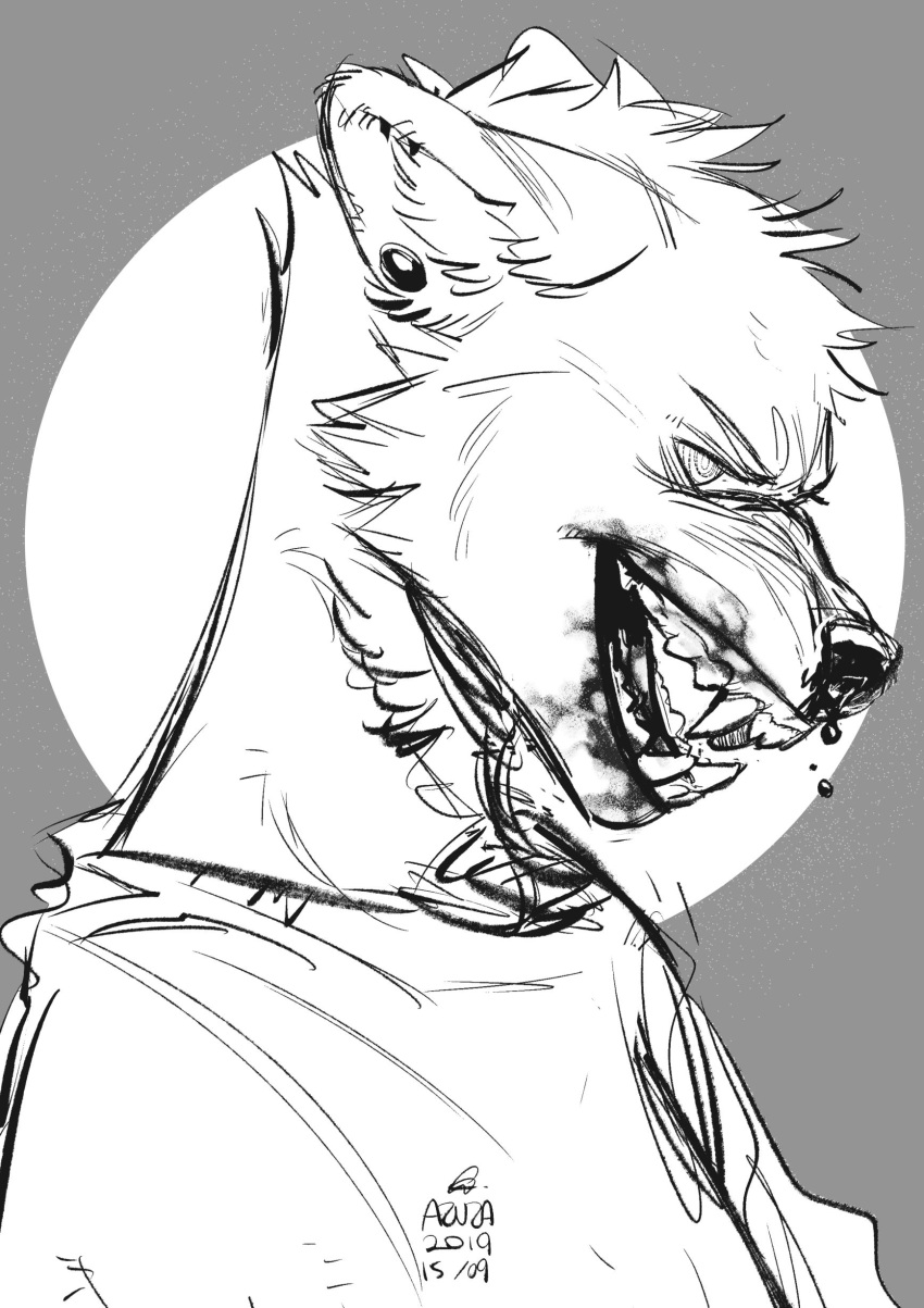 2019 absurd_res anthro azuza blood blood_on_face bodily_fluids bust_portrait canid cheek_tuft clothed clothing dated ear_piercing ears_back facial_tuft fangs gauged_ear head_tuft hi_res male mammal monochrome narrowed_eyes open_mouth piercing pivoted_ears portrait side_view signature simple_background solo spiral_eyes teeth topwear tuft