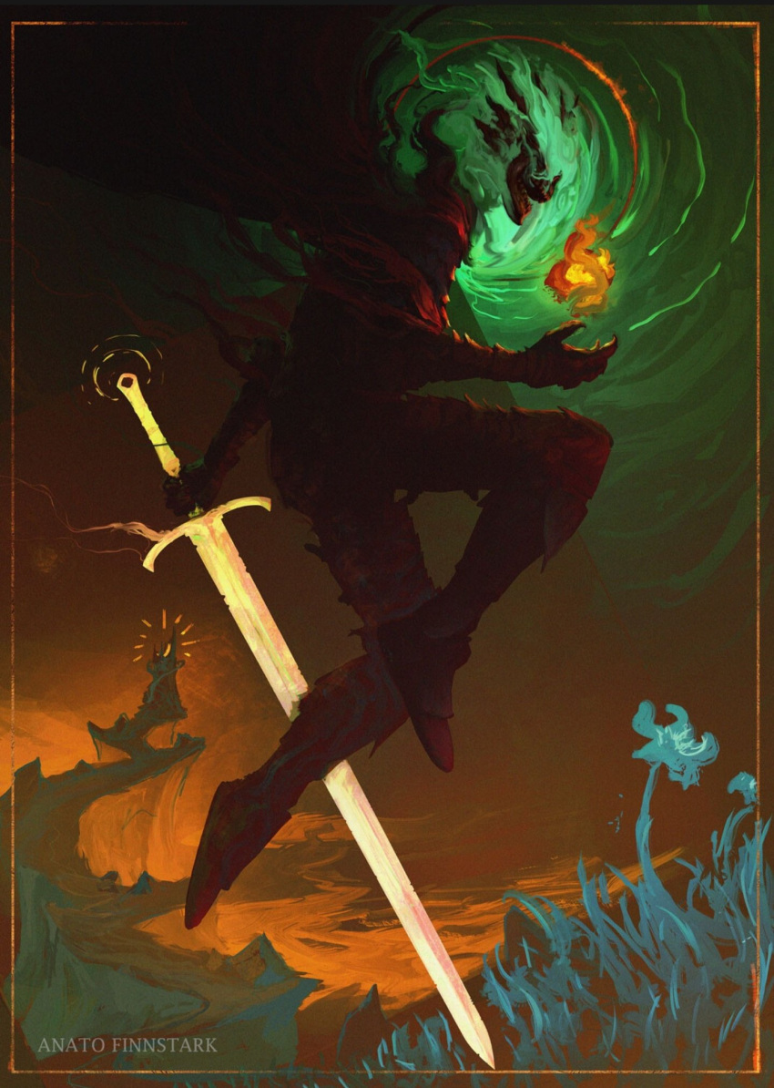 1other anato_finnstark cape castle cliff fire flaming_skull from_side green_fire highres holding holding_sword holding_weapon jumping long_sword original pants red_cape skull solo sword weapon