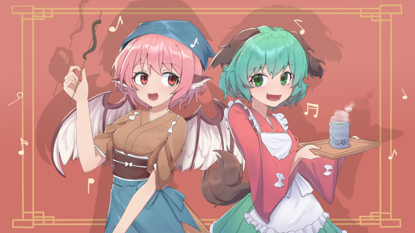 2girls animal_ears beamed_eighth_notes beamed_sixteenth_notes bird_ears bird_wings blue_headwear brown_kimono cup dog_ears dog_tail earrings eighth_note fang frilled_skirt frills green_eyes green_hair green_skirt green_tea half_note head_scarf highres holding holding_tray japanese_clothes jewelry kasodani_kyouko kimono laska_(572124034) long_sleeves multiple_girls musical_note musical_note_print mystia_lorelei okamisty open_mouth pink_hair pink_kimono pleated_skirt quarter_note red_eyes short_hair single_earring sixteenth_note skin_fang skirt tail tea teeth touhou touhou_mystia's_izakaya tray upper_body upper_teeth_only white_wings wide_sleeves wings