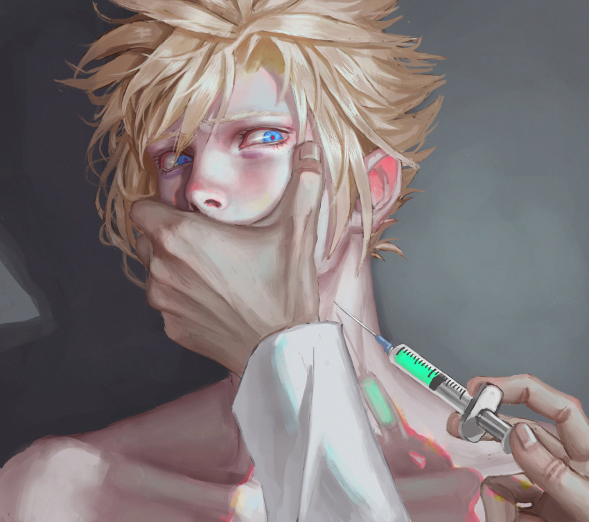 1boy bangs blonde_hair blue_eyes cloud_strife collarbone covering_mouth final_fantasy final_fantasy_vii grey_background hand_over_another's_mouth highres holding holding_syringe injection labcoat male_focus out_of_frame parted_bangs realistic short_hair solo spiked_hair swept_bangs syringe topless_male upper_body wide-eyed yaoyao794