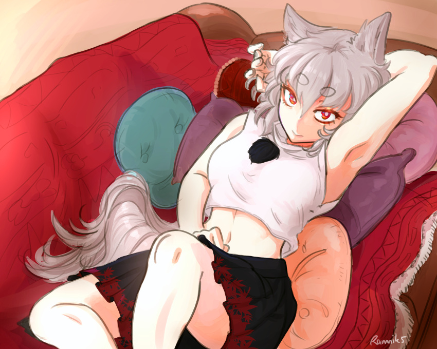 1girl :&gt; absurdres animal_ears armpits artist_name breasts couch cushion feet_out_of_frame from_above grey_hair hair_between_eyes hat highres inubashiri_momiji knee_up looking_at_viewer lying medium_breasts midriff navel no_headwear on_back pillow pom_pom_(clothes) ramnik5 red_eyes short_hair skirt solo tail thick_eyebrows tokin_hat touhou upturned_eyes wolf_ears wolf_tail