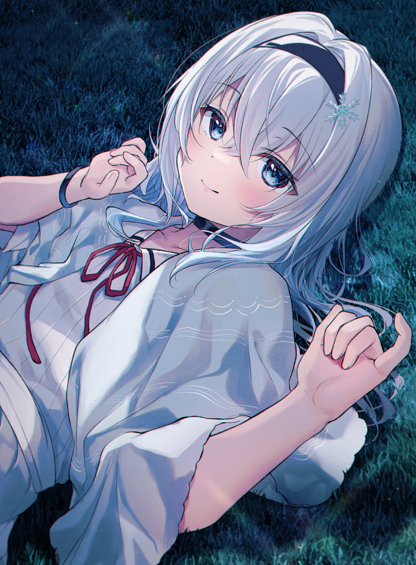 1girl absurdres bangs black_choker black_hairband blue_eyes capelet choker closed_mouth collared_dress commentary_request dress grey_capelet grey_hair gyozanuko hair_between_eyes hair_ornament hairband hands_up highres lying neck_ribbon on_back on_grass red_ribbon ribbon ryuuou_no_oshigoto! smile snowflake_hair_ornament solo sora_ginko white_dress