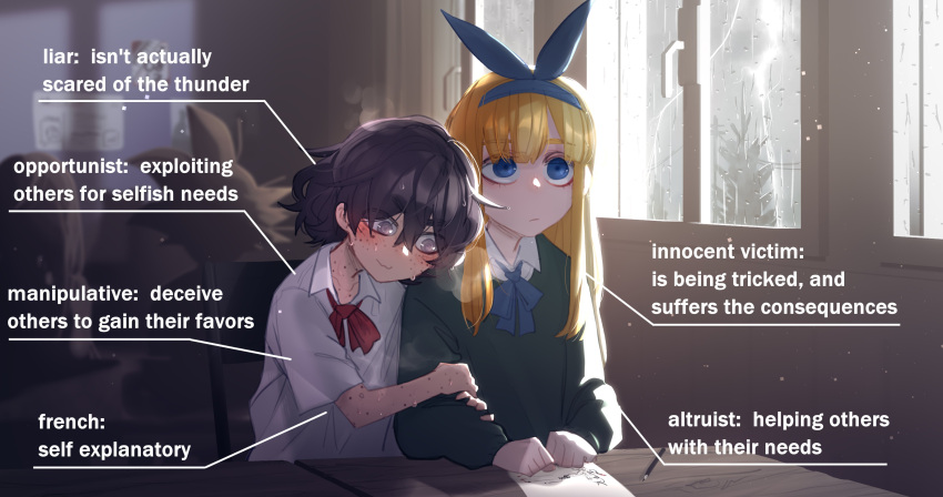 1boy 3girls @_@ absurdres bangs black_hair blind_girl_(popopoka) blonde_girl_(popopoka) blonde_hair blue_eyes blush clenched_hands commentary english_commentary english_text freckles hairband highres indoors locked_arms long_hair multiple_girls original paper pencil popopoka purple_eyes school_uniform short_hair smile sweat