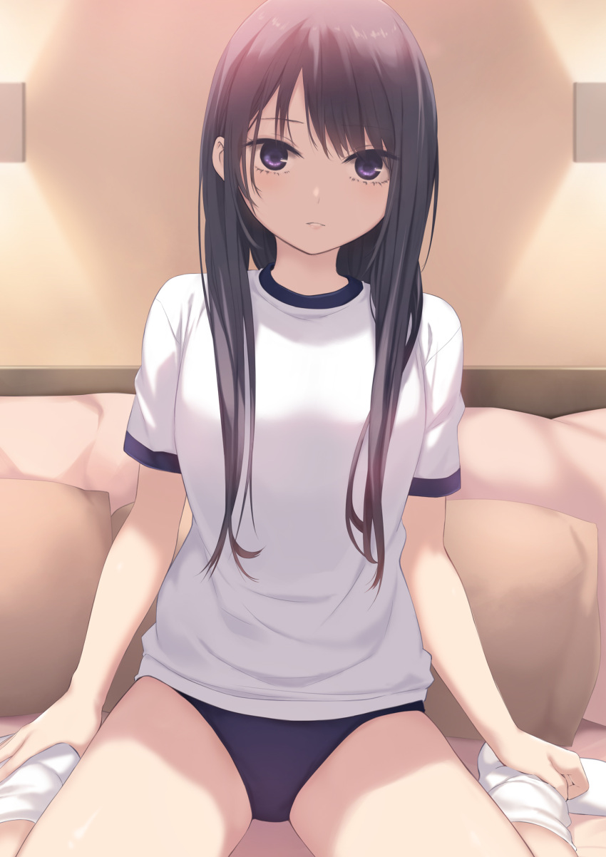 1girl bangs black_hair blush breasts buruma coffee-kizoku gym_uniform highres long_hair looking_at_viewer original purple_eyes shiramine_rika shirt sitting solo wariza white_shirt