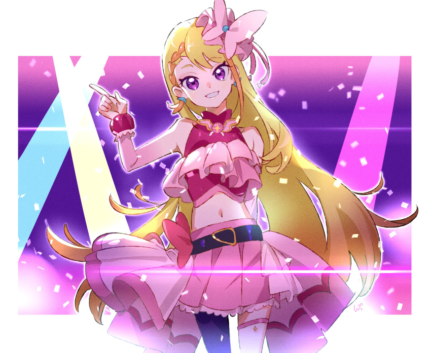 1girl absurdres asymmetrical_legwear bangs belt_bow blonde_hair commentary cure_butterfly earrings frills grin highres hirogaru_sky!_precure jewelry long_hair magical_girl midriff pink_headwear pink_skirt precure purple_eyes shipu_(gassyumaron) skirt sleeveless smile solo very_long_hair