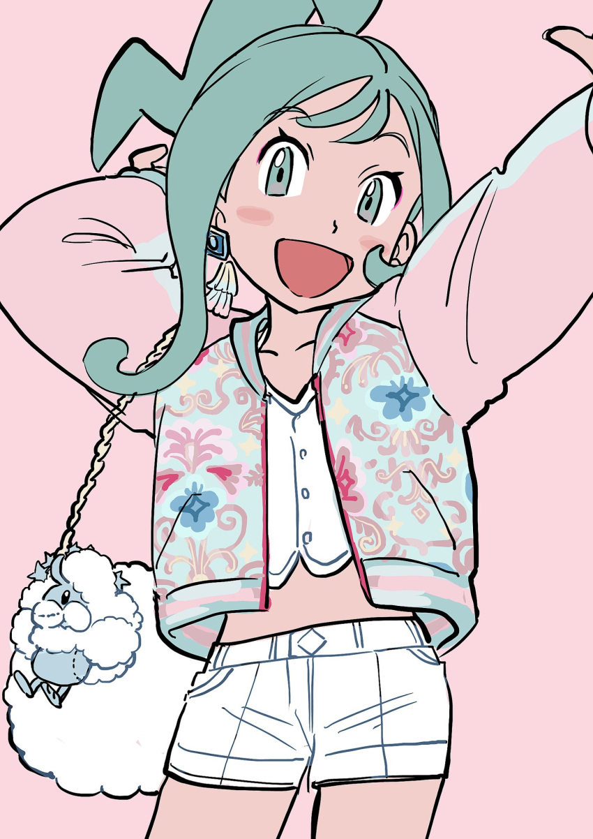 1girl :d ahoge altaria alternate_costume bag bangs blush buttons character_doll commentary cowboy_shot cropped_shirt earrings elizabeth_(tomas21) eyelashes eyeshadow green_eyes green_hair handbag happy highres jacket jewelry lisia_(pokemon) long_sleeves looking_at_viewer makeup open_clothes open_jacket open_mouth pink_background pink_eyeshadow pokemon pokemon_(game) pokemon_oras shirt short_shorts shorts sidelocks simple_background smile solo white_bag white_shirt white_shorts
