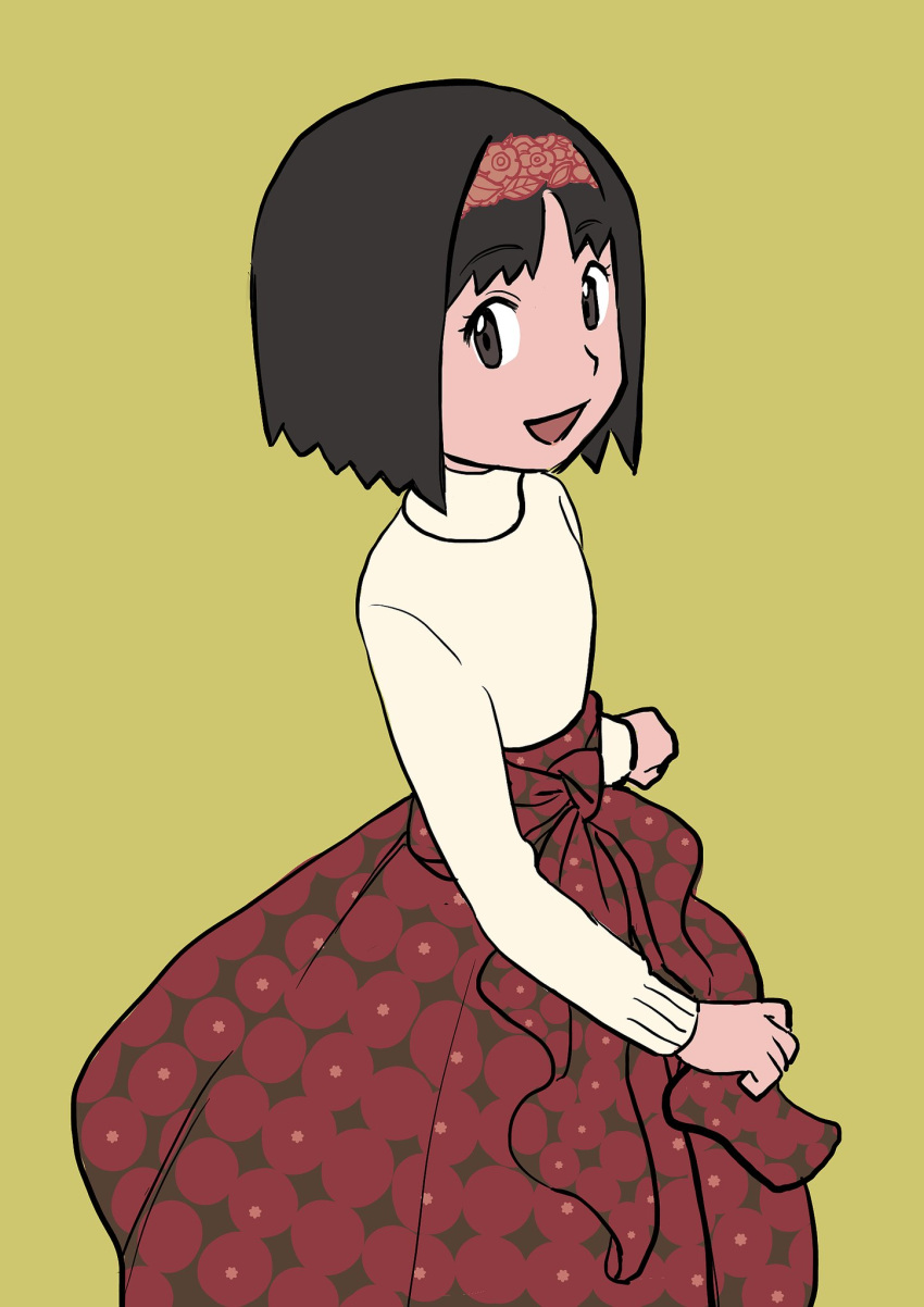 1girl :d alternate_costume bangs black_hair bow bow_skirt commentary elizabeth_(tomas21) erika_(pokemon) eyelashes green_background grey_eyes hairband highres long_sleeves looking_to_the_side open_mouth pokemon pokemon_(game) pokemon_frlg red_skirt simple_background skirt smile solo spotted_skirt sweater turtleneck turtleneck_sweater white_sweater