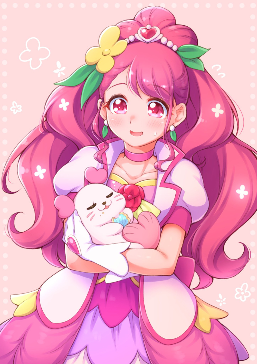 1girl arakawa_tarou choker commentary_request cure_grace earrings flower flower_brooch gloves hair_ornament hanadera_nodoka healin'_good_precure heart heart_hair_ornament highres jewelry kururun_(precure) leaf_earrings long_hair magical_girl open_mouth pink_choker pink_eyes pink_hair precure puffy_short_sleeves puffy_sleeves seal_(animal) short_sleeves smile solo sweat tropical-rouge!_precure white_gloves wide_ponytail yellow_flower