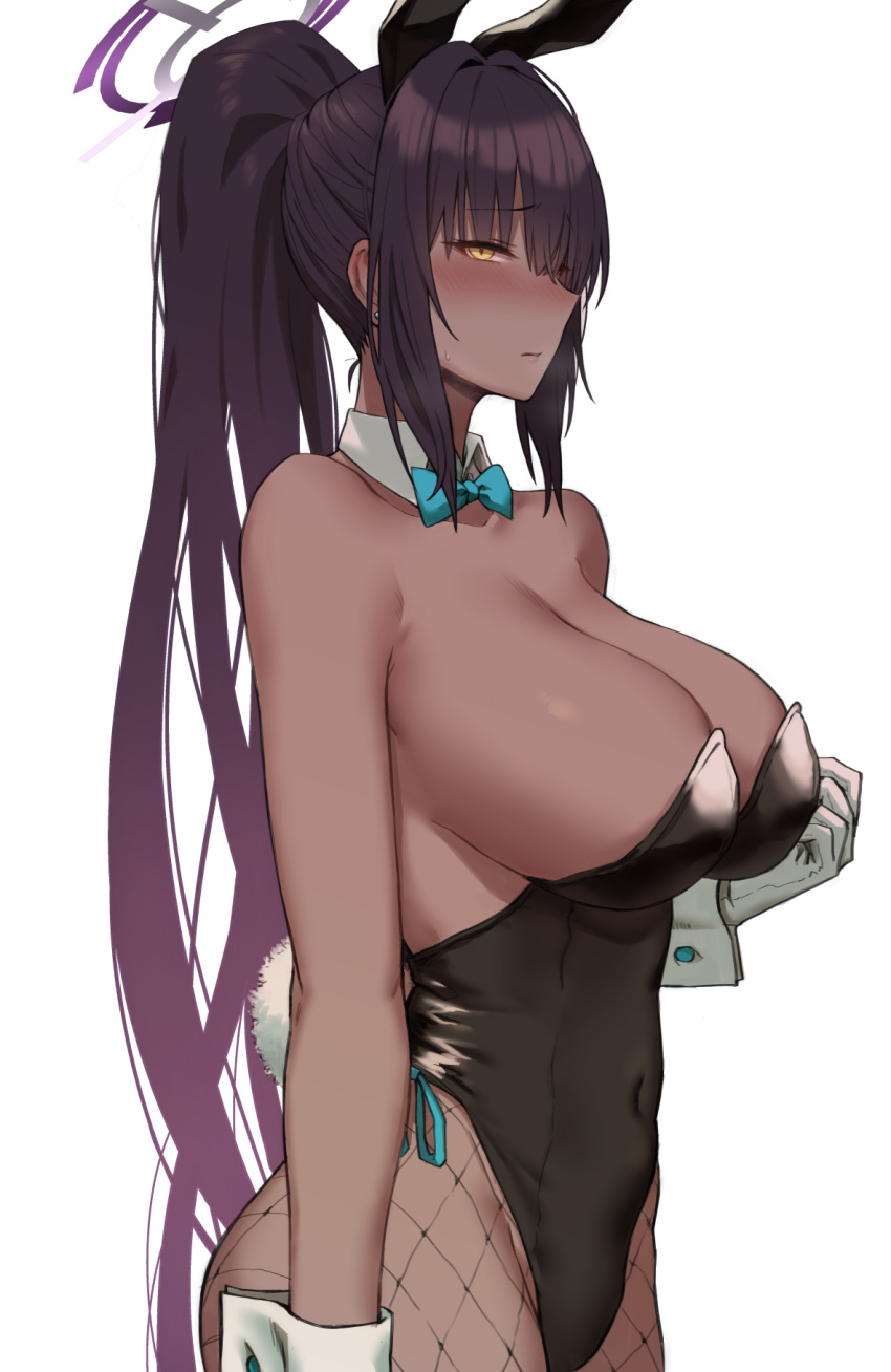 1girl animal_ears bangs bare_shoulders black_hair black_leotard blue_archive blush breasts cleavage covered_navel dark-skinned_female dark_skin detached_collar fake_animal_ears fishnet_pantyhose fishnets gloves gomu_(chewinggom) halo highleg highleg_leotard highres karin_(blue_archive) karin_(bunny)_(blue_archive) large_breasts leotard long_hair looking_at_viewer official_alternate_costume pantyhose playboy_bunny ponytail rabbit_ears rabbit_tail sideboob sidelocks solo tail white_background white_gloves yellow_eyes