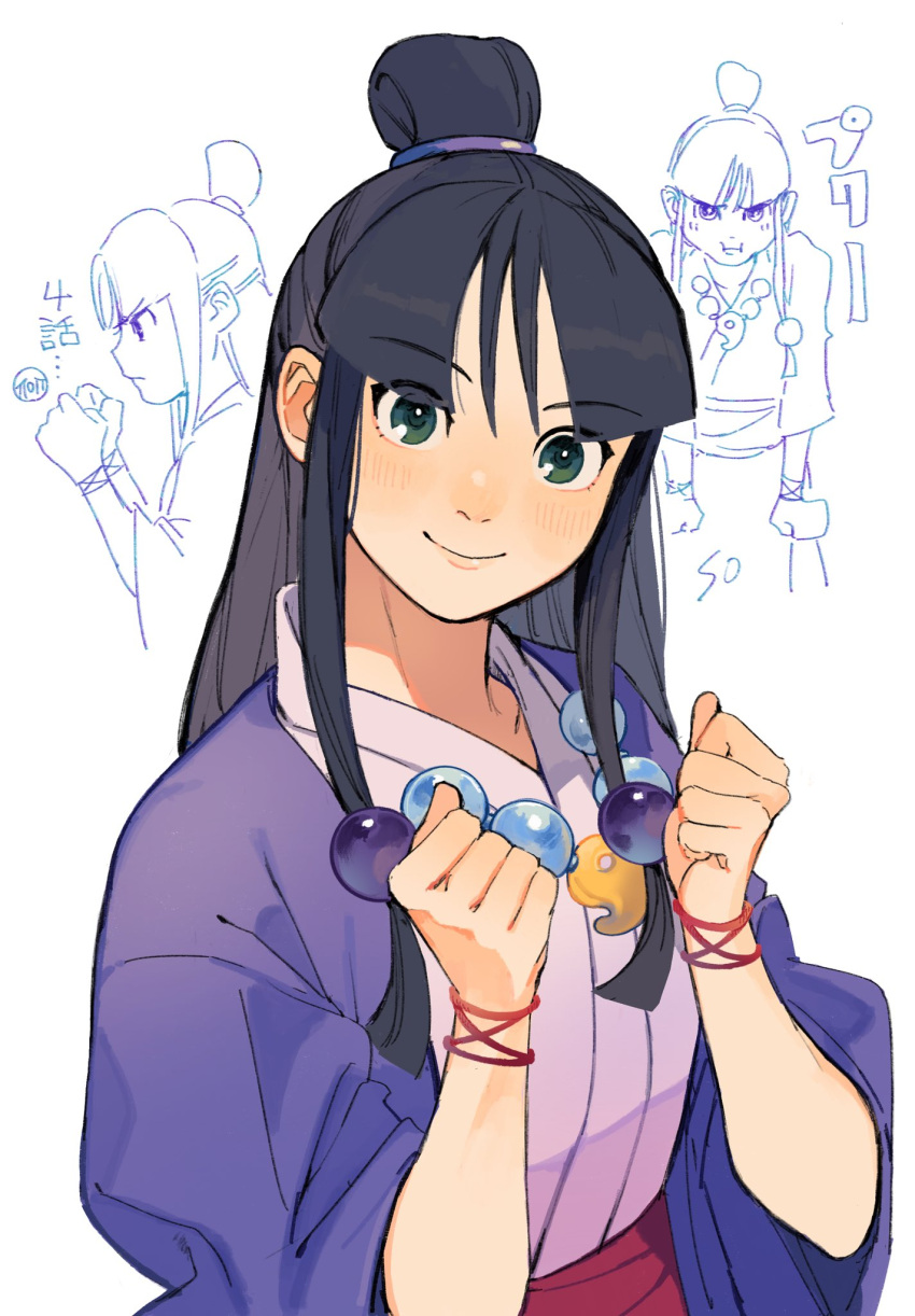 1girl ace_attorney armlet bangs black_hair blunt_bangs clenched_hands green_eyes hair_ornament half_updo hanten_(clothes) haori highres jacket japanese_clothes jewelry kimono looking_at_viewer magatama magatama_necklace maya_fey necklace obi pink_sash purple_jacket sash sidelocks smile somrk3 white_kimono