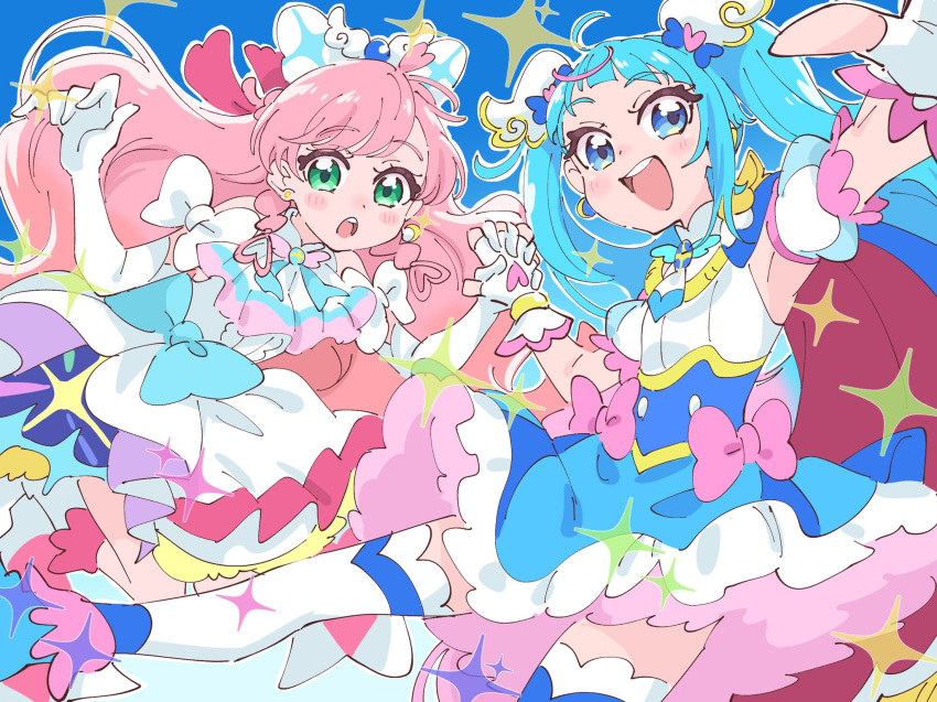 2girls ahoge ascot bangs blue_eyes blue_hair bow cape commentary_request cure_prism cure_sky dress green_eyes highres hirogaru_sky!_precure holding_hands long_hair magical_girl multiple_girls neri_(um_mijinko) nijigaoka_mashiro open_mouth pink_bow pink_hair precure single_sidelock smile sora_harewataru twintails white_bow white_dress wing_hair_ornament