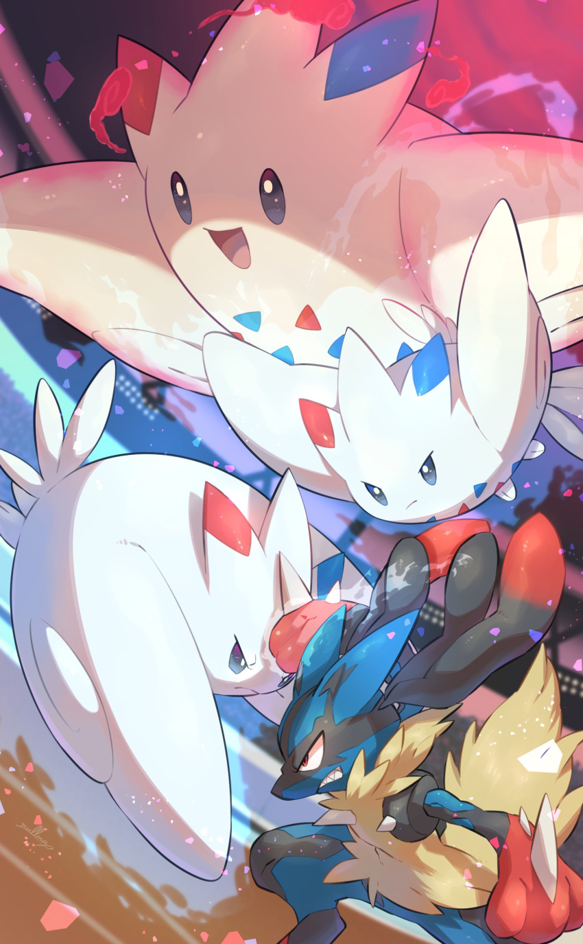 absurdres angry black_eyes bright_pupils clenched_hand clenched_teeth commentary_request energy eye_contact fighting frown full_body glaring highres looking_at_another lucario mega_lucario mega_pokemon no_humans nullma open_mouth pokemon pokemon_(creature) sharp_teeth smile spikes teeth togekiss v-shaped_eyes white_pupils