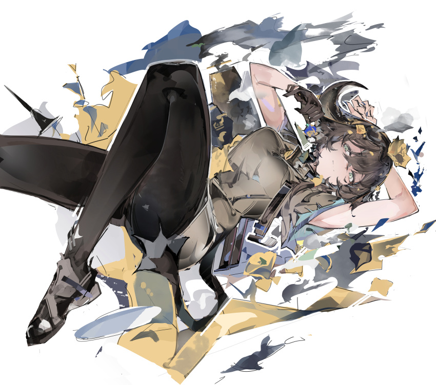 1girl absurdres animal_ears arknights arms_up black_pantyhose breasts brown_hair brown_shirt commentary cow_ears cow_girl cow_horns flipped_hair flower foot_out_of_frame green_eyes hair_flower hair_ornament highres horns jumbowhopper knee_up large_breasts looking_at_viewer lying on_side pallas_(arknights) pantyhose shirt short_hair simple_background solo white_background yellow_flower