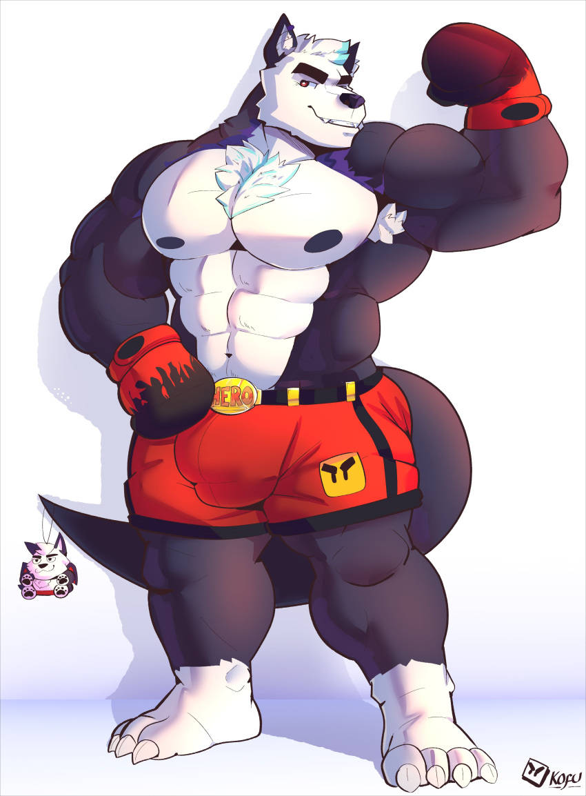 abs absurd_res anthro armpit_hair belt blue_hair body_hair bottomwear boxing_gloves bulge canid canine canis chest_hair clothed clothing dragon drak_howlfy fangs flexing flexing_bicep fur gloves grey_body grey_fur hair handwear hi_res hybrid kofu_grizzly_chubby leg_markings male mammal markings muscular muscular_male nipples pants pecs plushie pose red_clothing red_eyes smile smiling_at_viewer socks_(marking) solo solo_focus teeth wagon white_body white_fur wolf