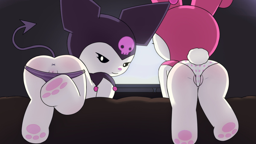 anthro anus black_eyes butt clothed clothing dakuromii duo female genitals hi_res kuromi looking_at_viewer my_melody onegai_my_melody pussy sanrio tail underwear white_body x_anus