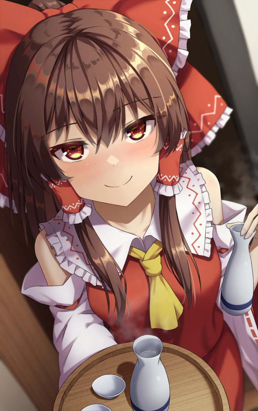 1girl absurdres alcohol bangs bare_shoulders blush bottle bow breasts brown_eyes brown_hair collar commentary_request cup detached_sleeves dress drunk eyelashes frilled_bow frilled_collar frills full-face_blush hair_between_eyes hair_bow hair_tubes hakurei_reimu half-closed_eyes highres holding holding_bottle holding_tray indoors japanese_clothes long_hair looking_at_viewer medium_breasts miko neckerchief red_bow red_dress ribbon-trimmed_sleeves ribbon_trim sakazuki sake sake_bottle seductive_smile sidelocks smile solo standing touhou tray white_collar wide_sleeves yellow_neckerchief yosshy