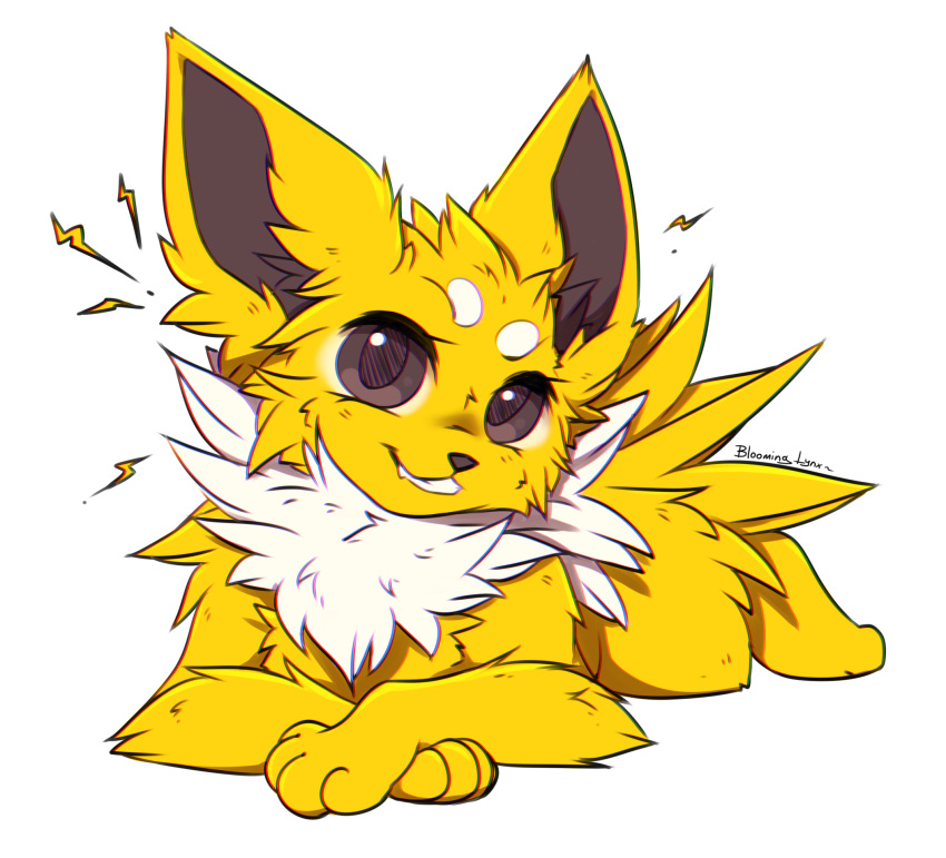 alpha_channel ambiguous_gender back_tuft bloominglynx brown_eyes brown_pupils cheek_tuft chest_tuft eeveelution electricity eyelashes facial_tuft fangs feral full-length_portrait fur generation_1_pokemon glistening glistening_eyes grin head_tuft hi_res jolteon leg_tuft looking_at_viewer lying nintendo on_front pokemon pokemon_(species) portrait pupils signature simple_background smile solo teeth transparent_background tuft white_body white_fur yellow_body yellow_fur