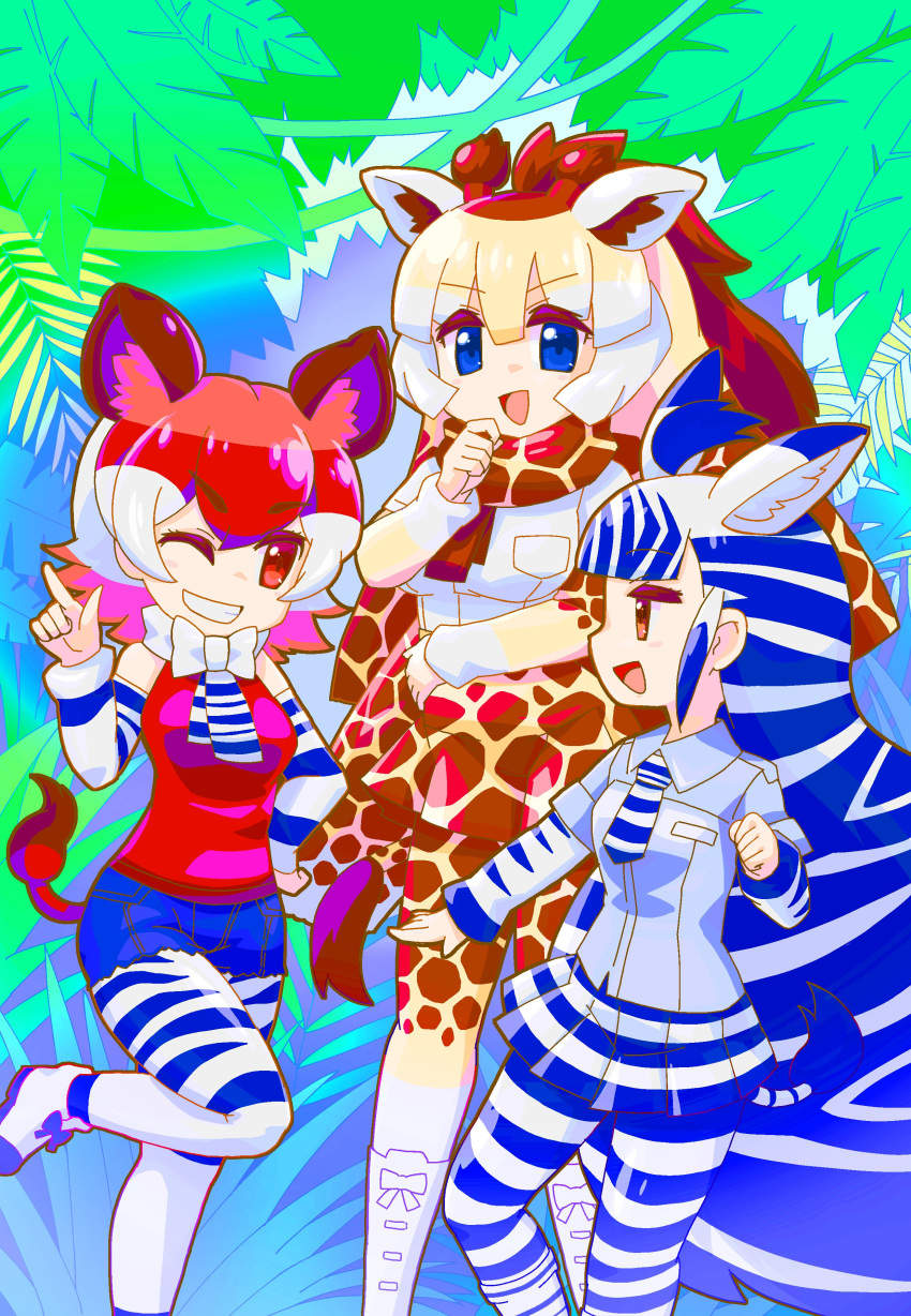 3girls absurdres animal_ears animal_print bangs blonde_hair blue_eyes blue_hair bow bowtie brown_eyes brown_hair chibi colorful cutoffs day detached_sleeves extra_ears foot_up giraffe_ears giraffe_girl giraffe_horns giraffe_print grin hand_on_own_chin hand_up height_difference highres horns kemono_friends layered_sleeves long_hair long_sleeves looking_at_another medium_hair multicolored_hair multiple_girls necktie okapi_(kemono_friends) okapi_ears okapi_tail one_eye_closed open_mouth outdoors outstretched_arm pantyhose pariparifromage plains_zebra_(kemono_friends) print_pantyhose print_scarf print_sleeves reticulated_giraffe_(kemono_friends) scarf shirt shoes short_over_long_sleeves short_shorts short_sleeves shorts skirt smile standing standing_on_one_leg striped_hair tail very_long_hair white_hair white_shirt zebra_ears zebra_girl zebra_print zebra_tail