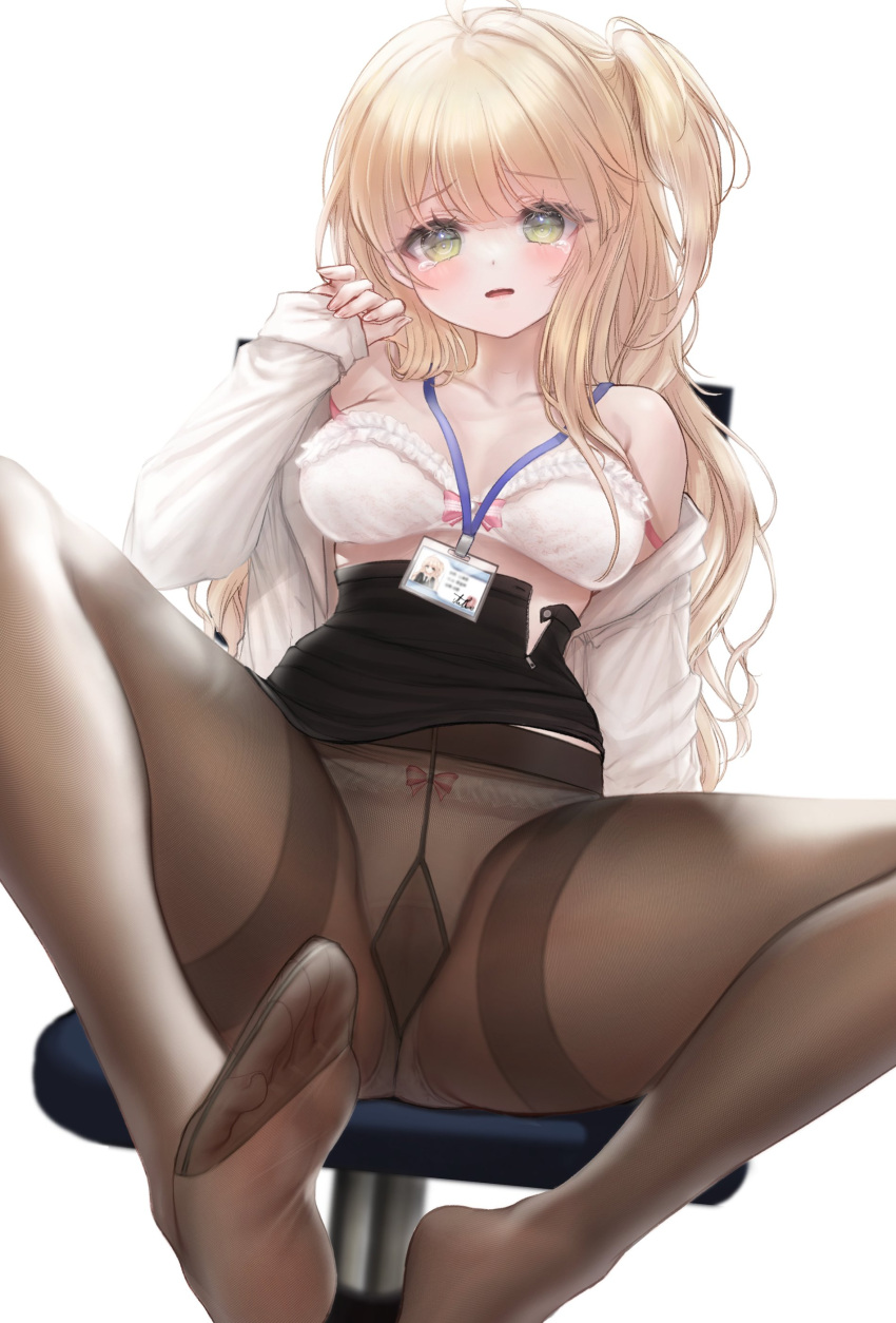 1girl absurdres bangs black_pantyhose black_skirt blonde_hair blush bra breasts cameltoe chair commentary feet foot_out_of_frame frilled_bra frills green_eyes gusset hand_up highres id_card lanyard long_hair looking_at_viewer medium_breasts na1tsu2me3 no_shoes one_side_up open_clothes open_shirt original panties panties_under_pantyhose pantyhose parted_lips shirt shirt_partially_removed sidelocks simple_background sitting skirt sleeves_past_wrists solo spread_legs symbol-only_commentary tearing_up thighband_pantyhose thighs underwear white_background white_bra white_panties white_shirt zipper