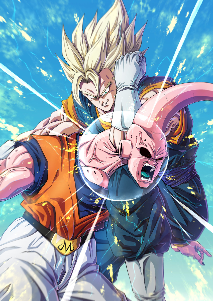 2boys absurdres battle biceps black_sclera blonde_hair blue_sash blue_shirt blue_sky clenched_hand cloud colored_sclera colored_skin colored_tongue commentary_request day dougi dragon_ball dragon_ball_z earrings elbowing electricity energy gloves green_eyes green_tongue highres jewelry knee_up kneeing looking_at_another looking_down majin_buu male_focus mocky_art multiple_boys muscular muscular_male no_eyebrows open_mouth orange_shirt outdoors pants parted_lips pink_skin potara_earrings red_eyes sash shirt short_sleeves sky smile spiked_hair super_buu super_saiyan super_saiyan_1 teeth tongue v-shaped_eyebrows vegetto veins white_gloves white_pants