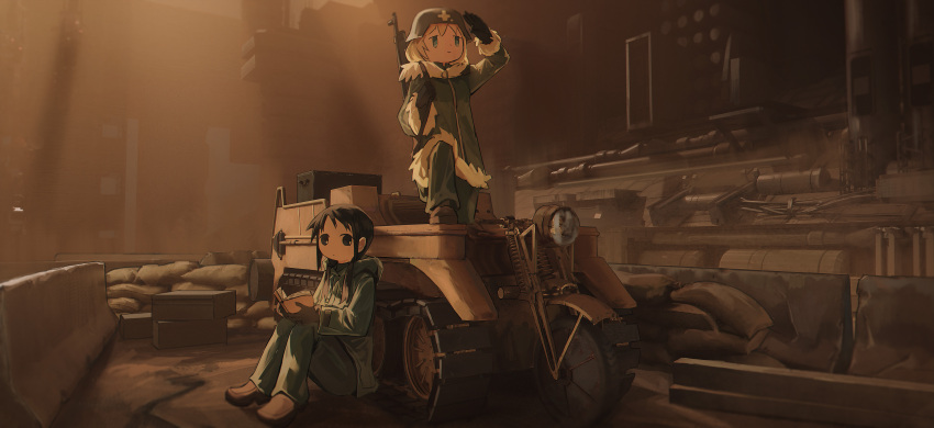 2girls absurdres black_gloves black_hair blonde_hair book brown_footwear brown_theme chito_(shoujo_shuumatsu_ryokou) fur_trim gloves ground_vehicle gun hat highres holding holding_book hood hoodie jacket military military_hat multiple_girls reading scenery shoujo_shuumatsu_ryokou weapon xiaomai_yorik yuuri_(shoujo_shuumatsu_ryokou)