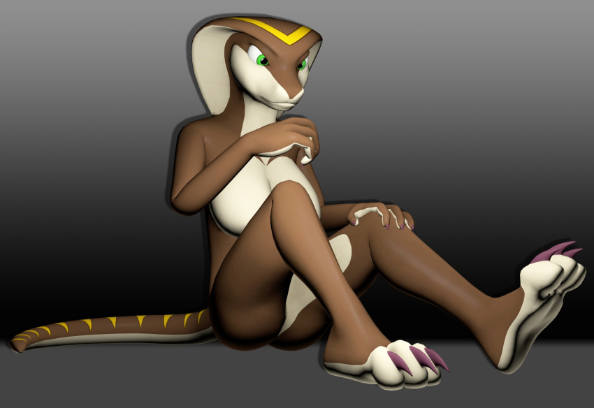 3_toes 3d_(artwork) 4_fingers anthro biped breasts cobra digital_media_(artwork) feet female fingers green_eyes hi_res humanoid nipples non-mammal_breasts non-mammal_nipples reptile scalie shandi simple_background sitting snake solo toes unknown_artist