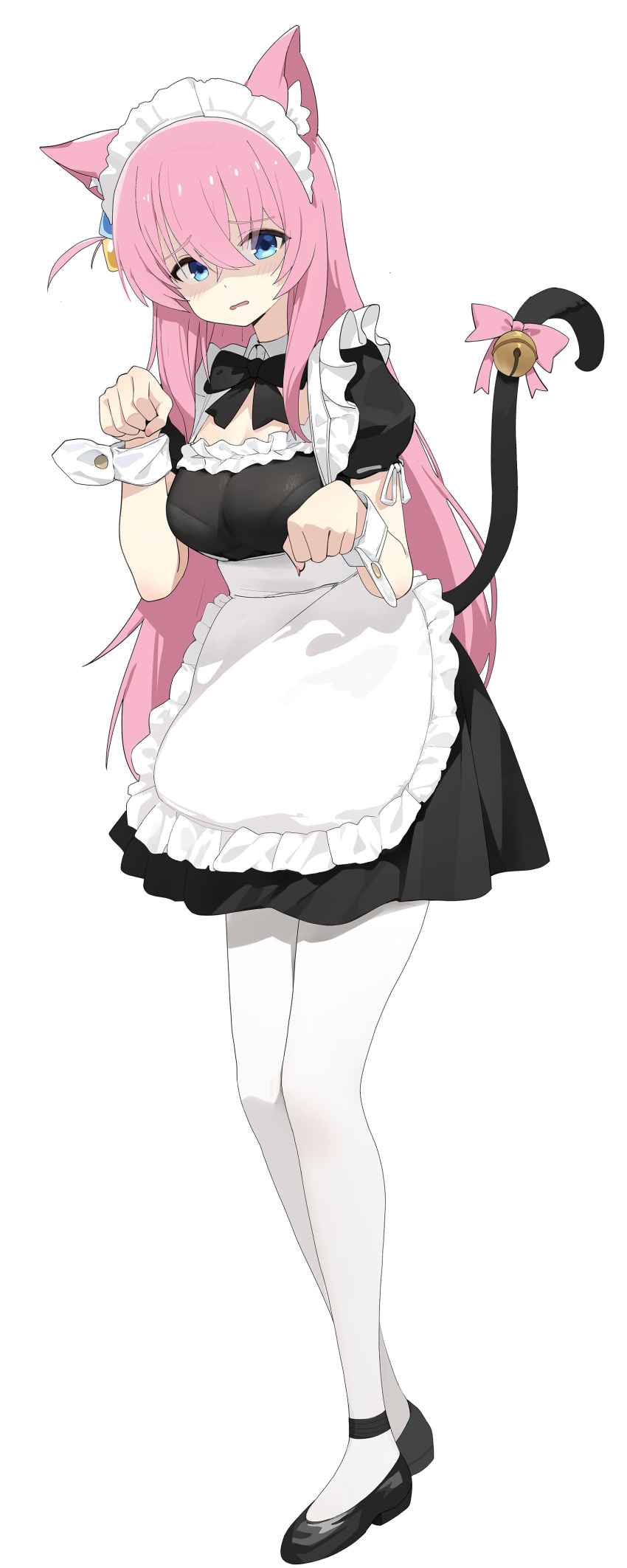 1girl absurdres animal_ears apron bangs bell black_bow black_bowtie black_dress black_footwear blue_eyes blush bocchi_the_rock! bow bowtie bra bra_visible_through_clothes breasts cat_ears cat_girl cat_tail detached_collar dress flats gotou_hitori hair_ornament hands_up highres kemonomimi_mode long_hair looking_at_viewer maid_apron maid_headdress medium_breasts one_side_up open_mouth pantyhose paw_pose pink_hair romana shaded_face short_sleeves simple_background solo standing tail tail_bell tail_bow tail_ornament underwear white_background white_bra white_pantyhose wrist_cuffs