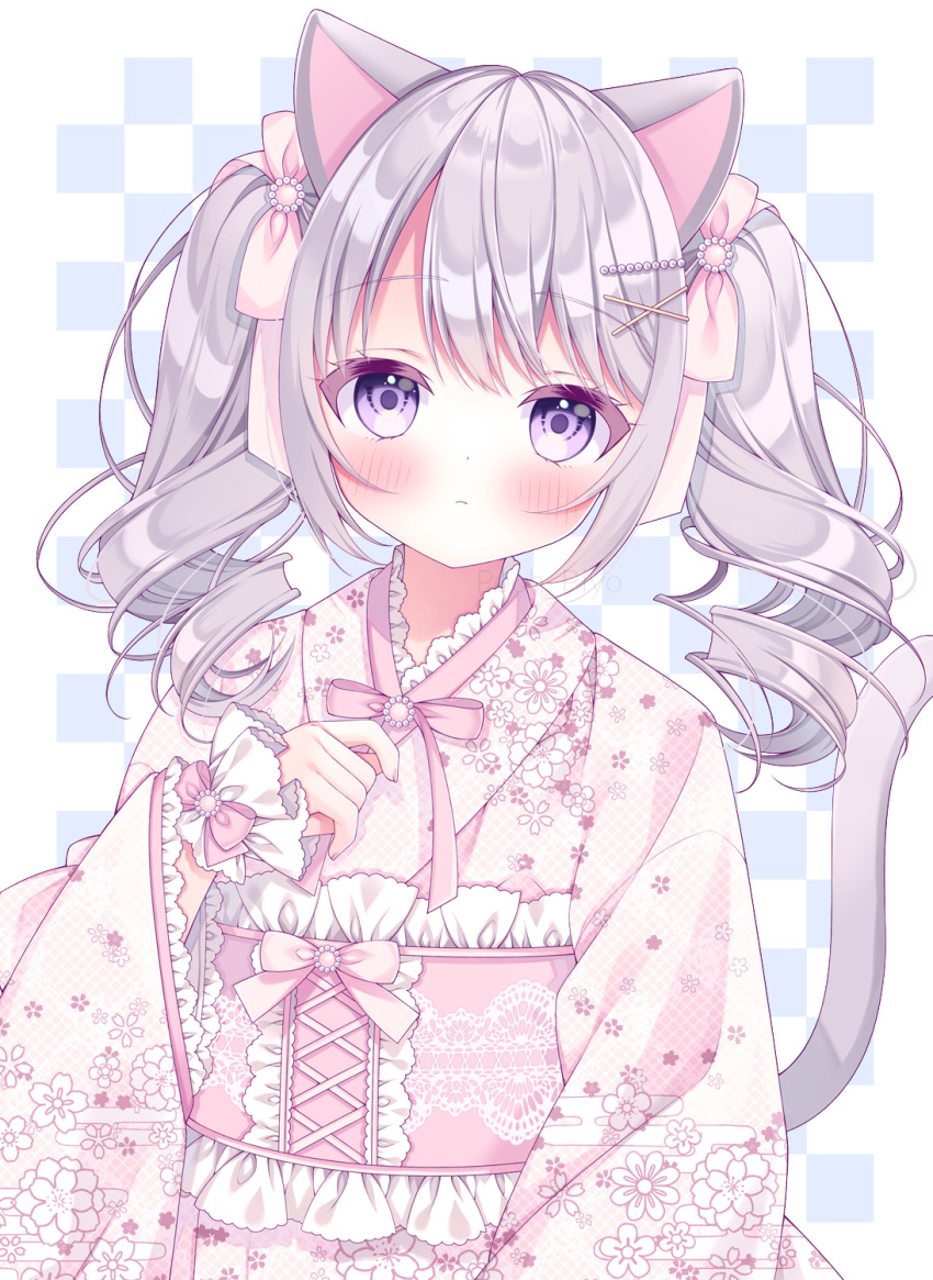 1girl animal_ears bangs blush cat_ears cat_girl cat_tail checkered_background corset curly_hair drill_hair frilled_corset grey_hair hair_ornament hair_ribbon hairclip hand_on_own_chest highres japanese_clothes kimono lace-trimmed_sleeves lace_trim lolita_fashion long_hair long_sleeves looking_at_viewer neck_ribbon original pearl_hair_ornament purple_eyes puu_(kari---ume) ribbon solo tail twin_drills twintails wa_lolita wide_sleeves wrist_cuffs