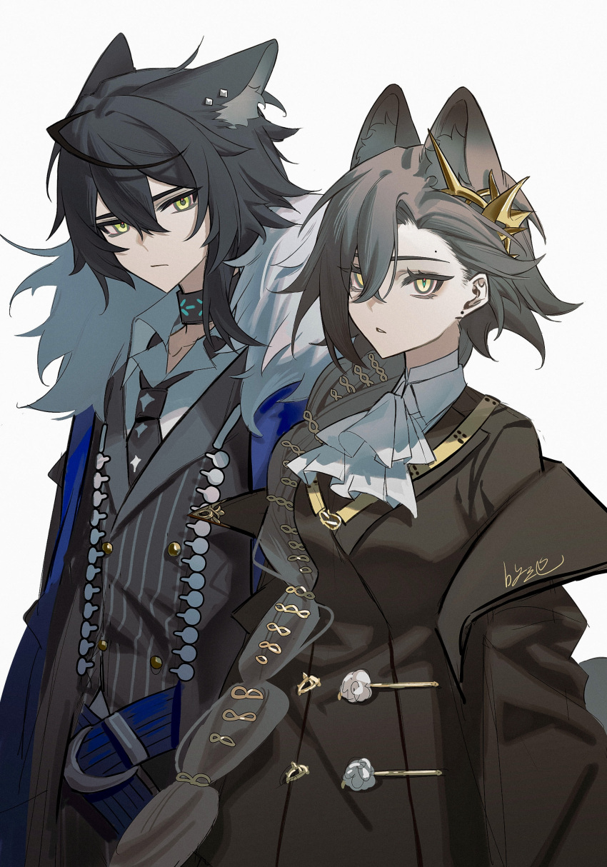 1boy 1girl absurdres animal_ear_fluff animal_ears arknights ascot bangs black_hair black_jacket black_necktie brown_coat closed_mouth coat collared_shirt commentary_request cowboy_shot extra_ears fur-trimmed_coat fur_trim green_eyes highres infection_monitor_(arknights) jacket long_hair long_sleeves looking_at_viewer medium_hair mole_above_eye necktie open_clothes open_coat parted_lips penance_(arknights) san_se_ling_(thelostcity272) shirt signature simple_background vigil_(arknights) white_ascot white_background white_shirt wolf_boy wolf_ears wolf_girl yellow_eyes