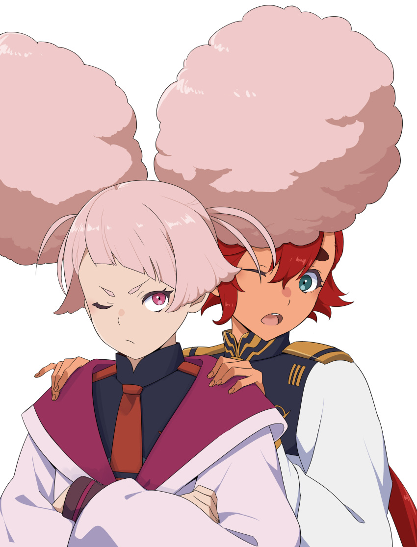 2girls absurdres afro_puffs annoyed asticassia_school_uniform behind_another blue_eyes chuatury_panlunch closed_mouth commentary_request crossed_arms double_bun green_jacket gundam gundam_suisei_no_majo hair_between_eyes hair_bun hands_on_another's_shoulders highres hood hoodie jacket long_sleeves looking_at_another multiple_girls necktie needle_(needlebomb) one_eye_closed open_mouth pink_eyes pink_hair pink_hoodie red_hair red_necktie school_uniform simple_background suletta_mercury thick_eyebrows upper_body v-shaped_eyebrows white_background white_jacket