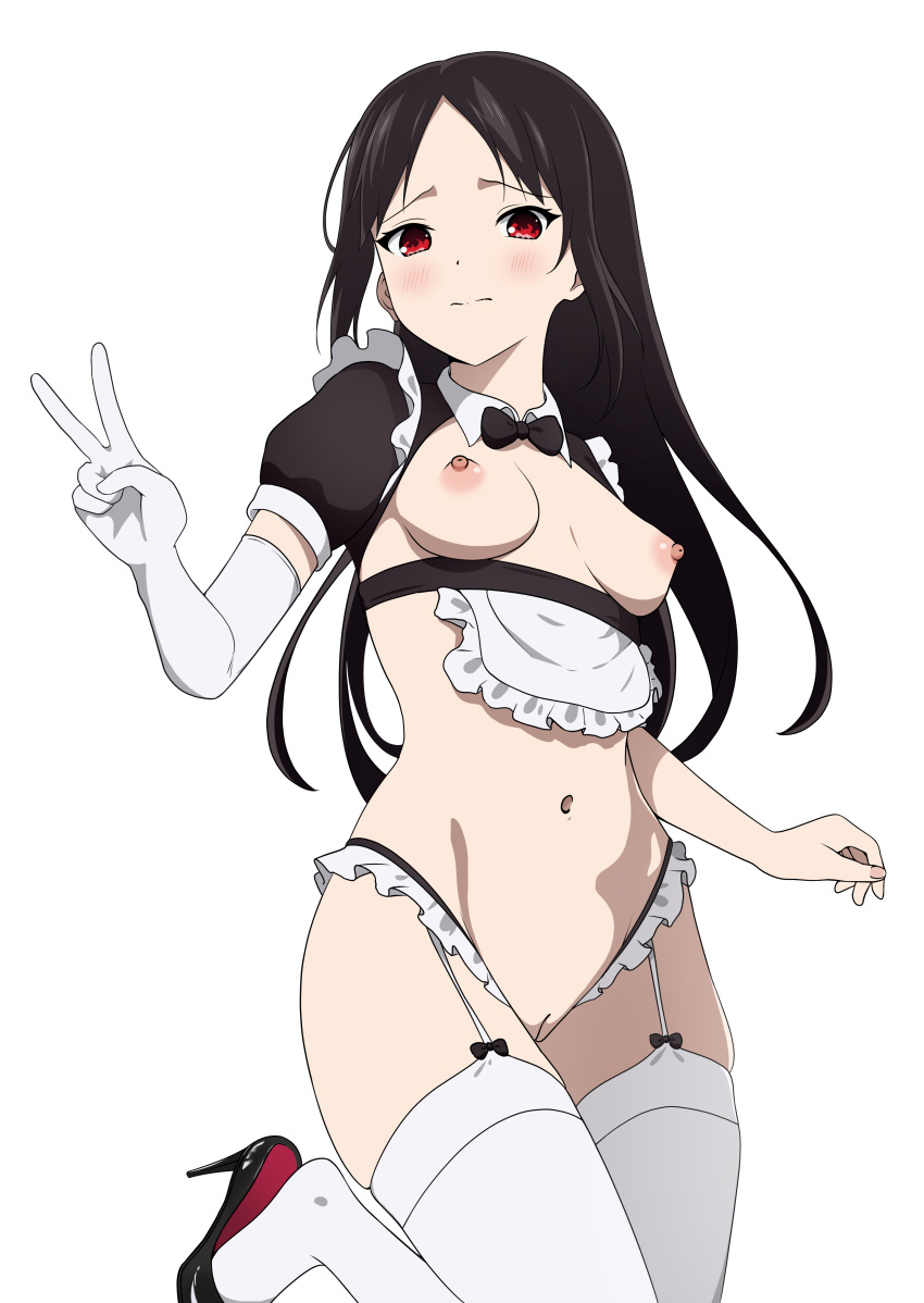 1girl absurdres bikini black_hair blush completely_nude coro_fae elbow_gloves gloves high_heels highres kaguya-sama_wa_kokurasetai_~tensai-tachi_no_renai_zunousen~ long_hair maid maid_bikini midriff nervous nipples non-web_source nude pussy red_eyes shinomiya_kaguya swimsuit thighhighs thighs v white_background white_gloves