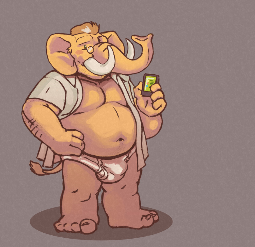 2023 4_toes anthro belly big_belly big_feet blush brown_hair bulge cellphone clothed clothing eyewear feet glasses grey_background hair hi_res holding_object john_(mastodon) male mammal mastodon mastodon_(social_media) mature_anthro mature_male navel open_clothing open_shirt open_topwear overweight overweight_male pecs phone proboscidean proboscis_(anatomy) shirt simple_background smartphone solo spectral-bat tail tail_tuft tan_body tan_skin textured_background toes topwear trunk_(anatomy) tuft tusks underwear white_clothing white_underwear