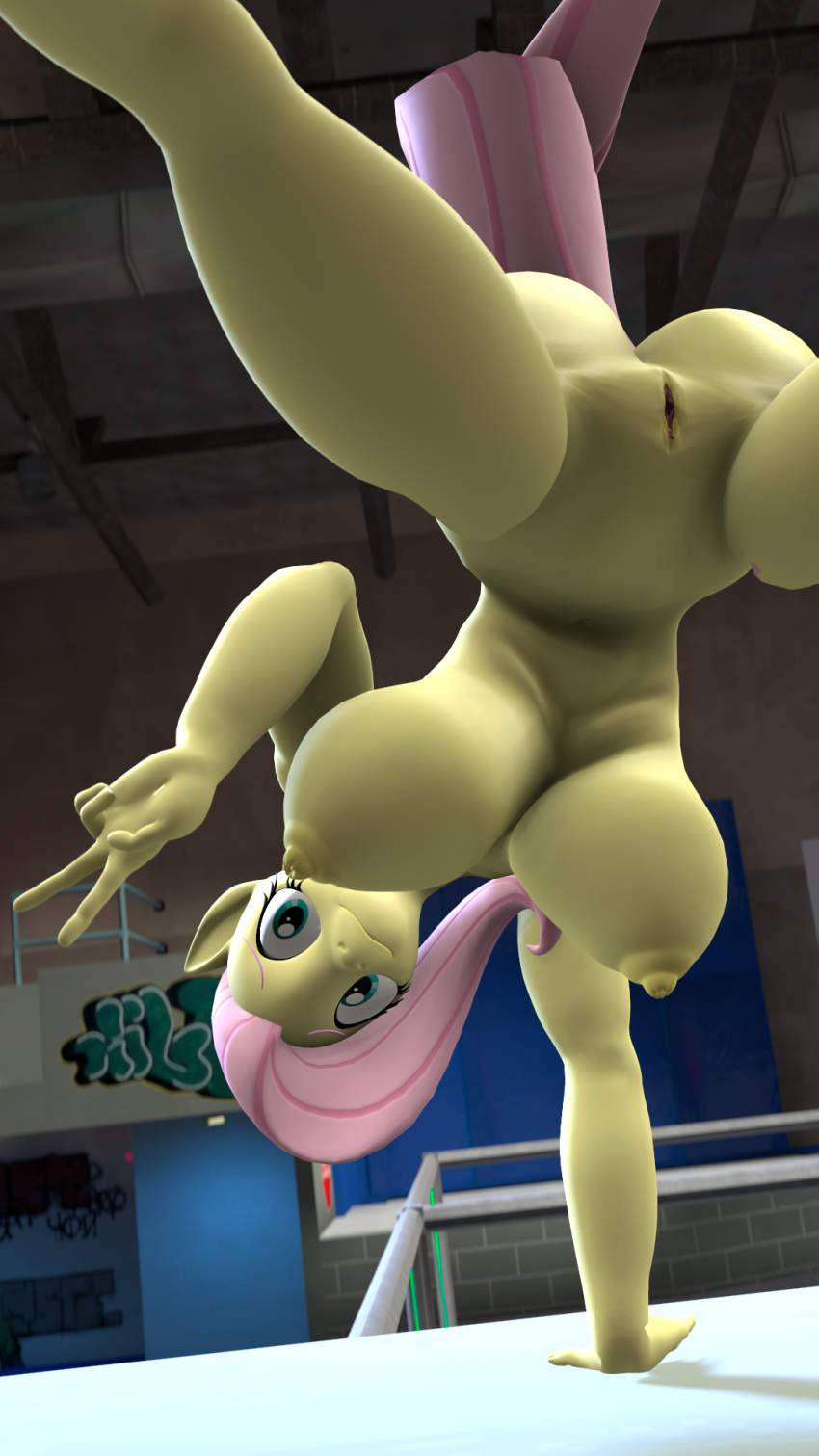 2021 3d_(artwork) anthro areola big_areola big_breasts big_butt breasts bubble_butt butt curvaceous curvy_figure daemont92 detailed_background digital_media_(artwork) equid equine eyelashes female flexible fluttershy_(mlp) friendship_is_magic fur genitals gesture hair handstand hasbro hi_res horse huge_breasts huge_butt inside looking_at_viewer mammal my_little_pony nipples nude pink_hair pink_tail pony pussy solo source_filmmaker splits spread_legs spreading tail teal_eyes thick_thighs v_sign voluptuous wide_hips yellow_body yellow_fur